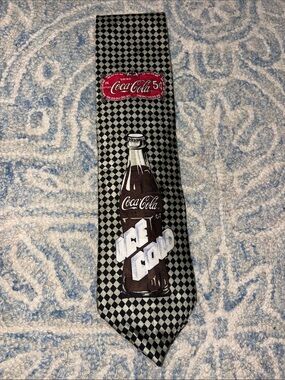 Coca Cola Black & Gray Checkerboard Tie with Red Logo and Bottle Graphic
